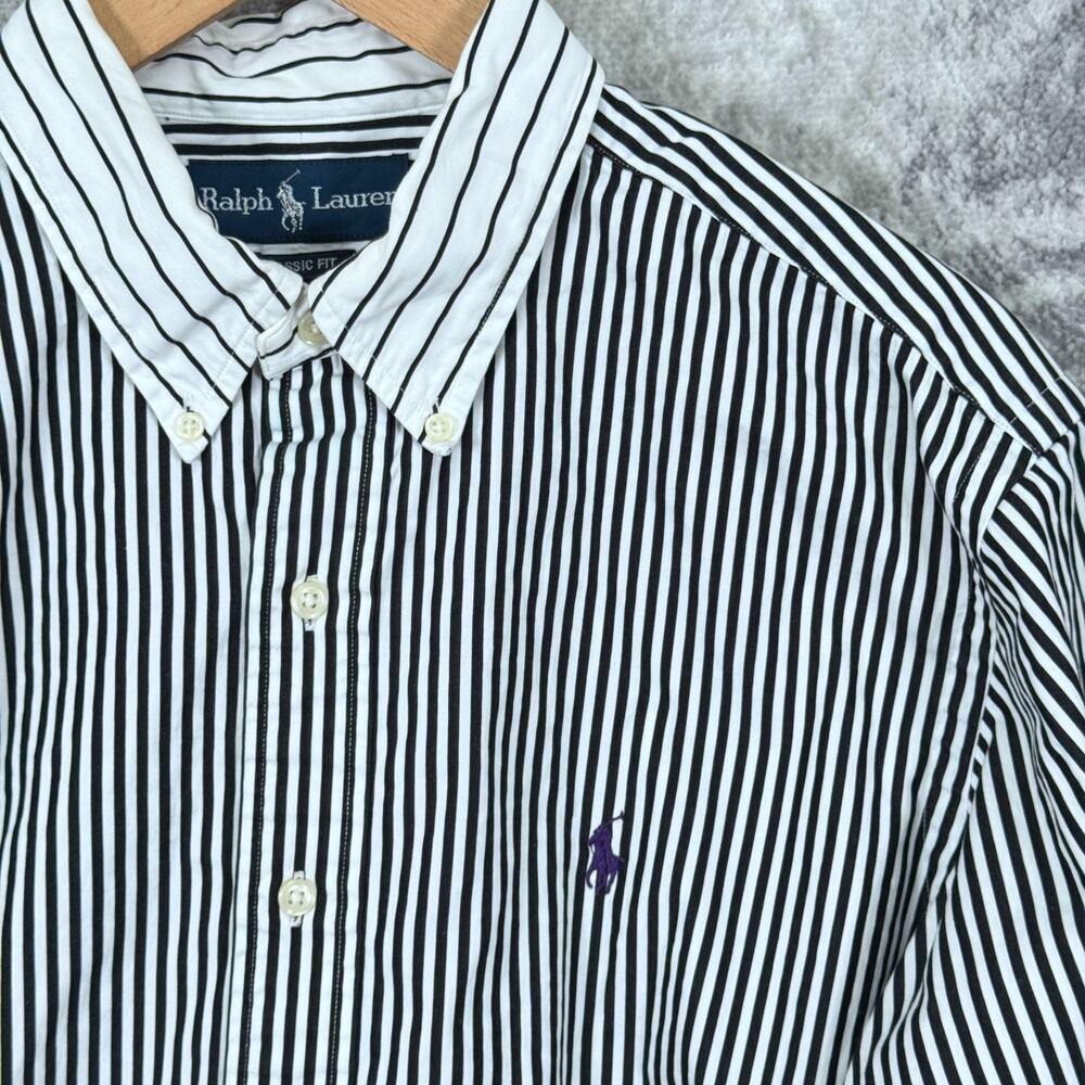 Vintage Polo Ralph Lauren Classic Fit Shirt Large Mens Black White Stripe